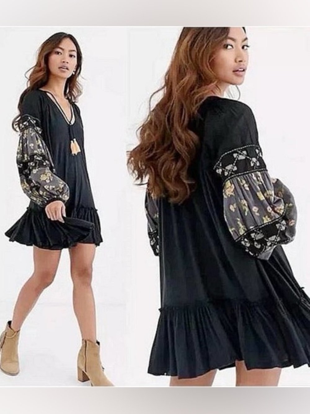 Free People Mix it beaded boho Mini flowy Dress Floral Balloon Sleeves